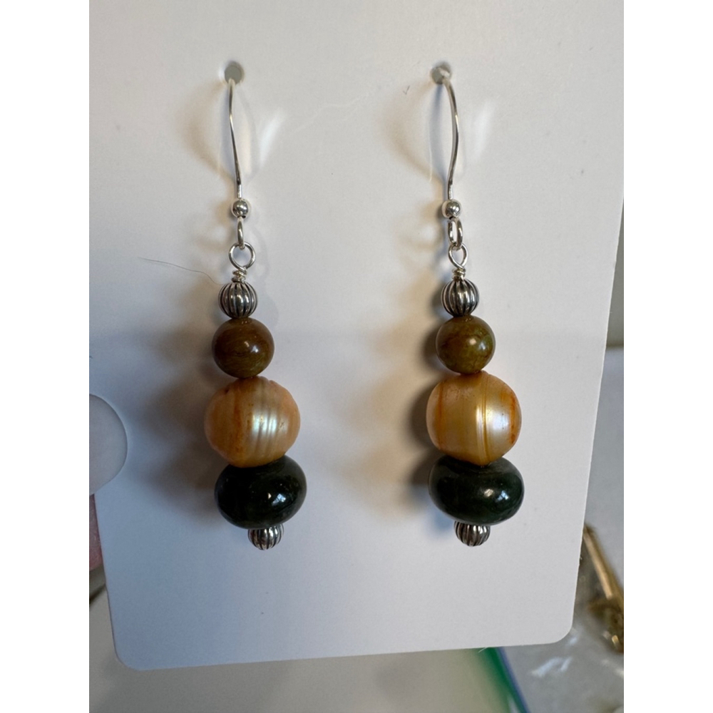 Unbranded 925 silver Jasper bead Dangle Earrings Green Beige